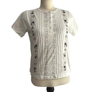 Shenanigans Vintage Pleated Embroided Short Sleeve T Shirt Sz Small Womens White